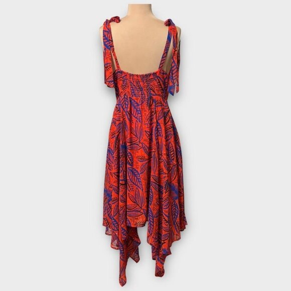 Alexis Midi Dress S Red Blue Tie Shoulder Asymmetric Hem EUC Tropical Target - Picture 3 of 6